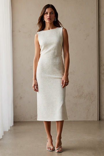 Ivory Boat Neck Sheath Long Work Dress
